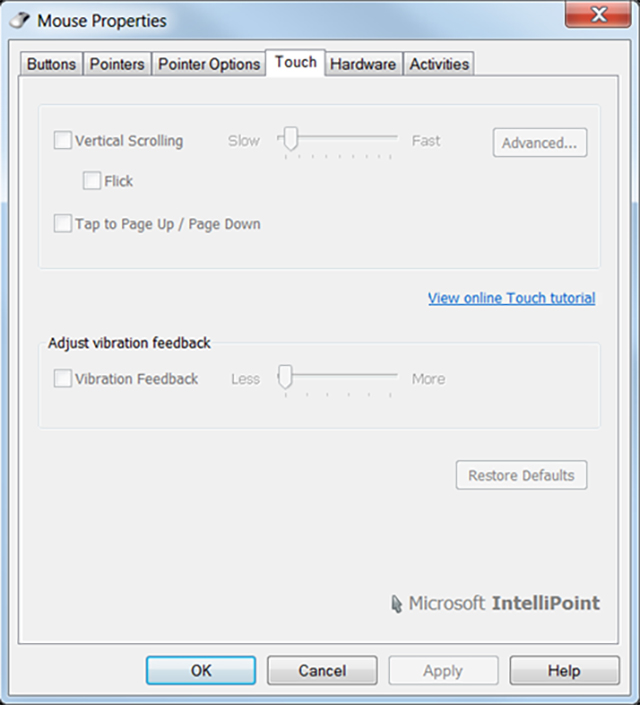 Arc Touch Mouse IntelliPoint control panel settings (Windows 7 and earlier)